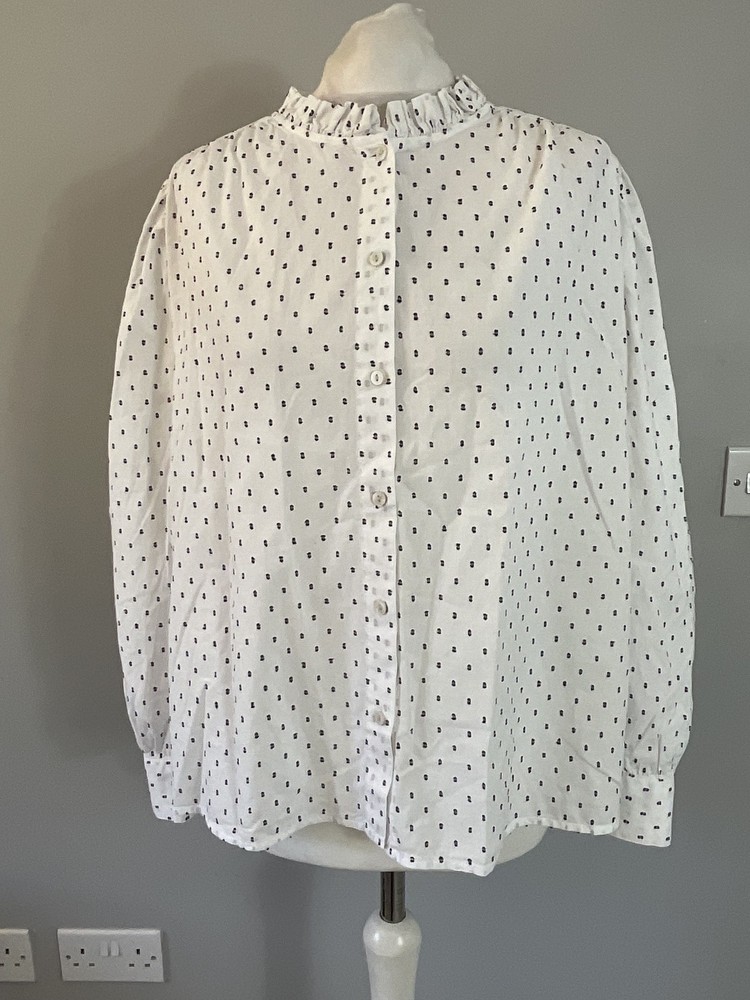 M&S ivory white navy abstract spotty long sleeve cotton blouse  UK 18 cottage