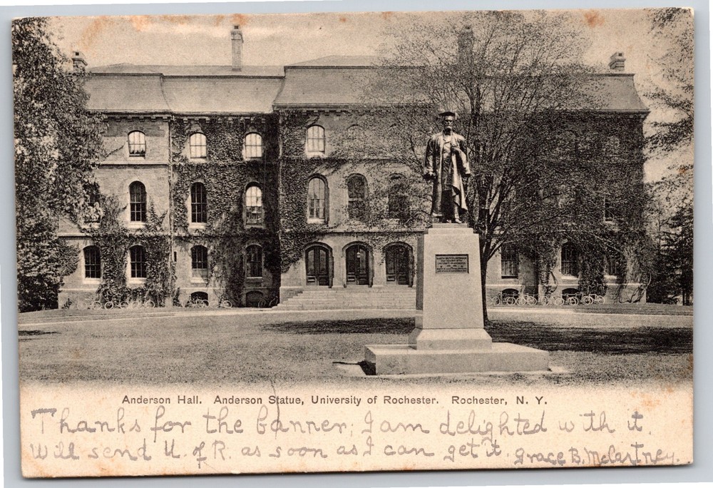 Rochester New York~Anderson Hall & Statue @ University~B&W~PM 1905~Postcard