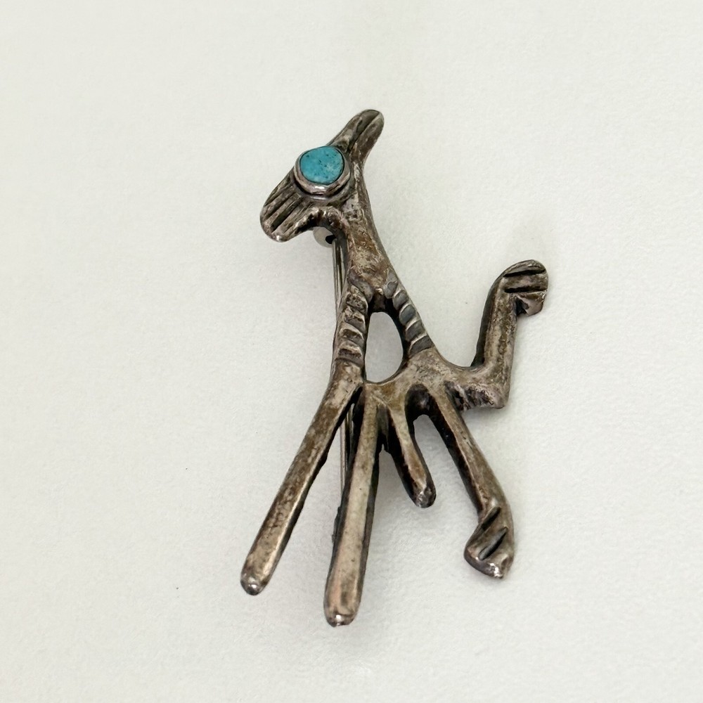 Vintage Sterling Silver Turquoise Eye Roadrunner Bird Native American Brooch Pin
