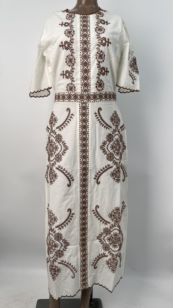 Cartolina Women Midi Dress Ivory/Brown Size 6 Bobbi Short Sleeve Lace Cotton Zip