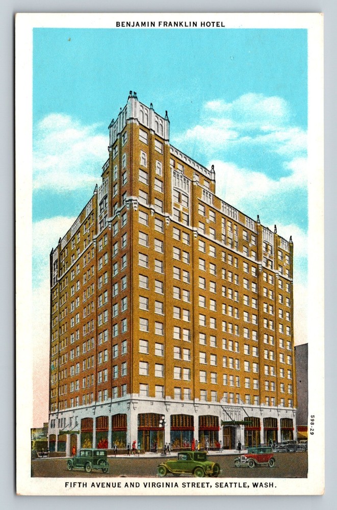 Seattle Washington Benjamin Franklin Hotel-Classic Cars VINTAGE Postcard