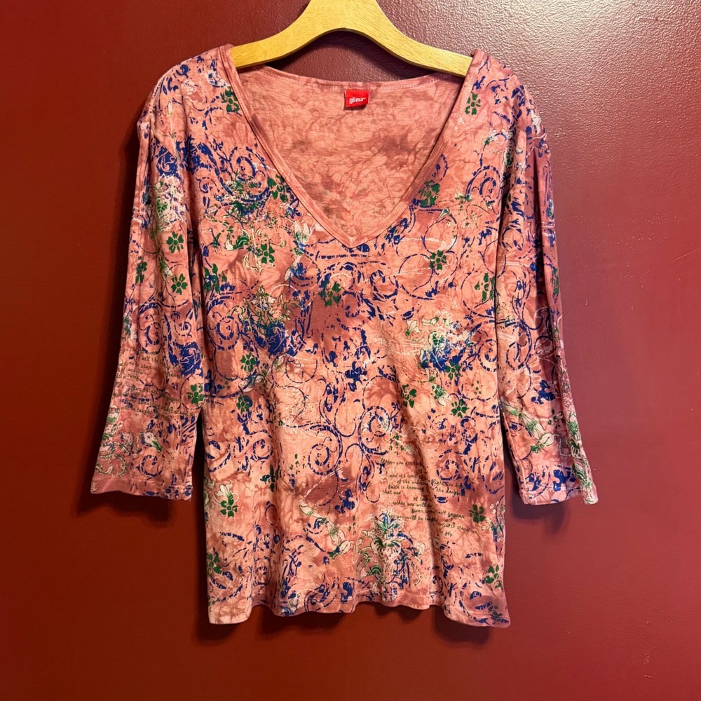 Vintage Y2K Glima Top Size L Pink Abstract Graphic Print Whimsygoth Boho Artsy-image