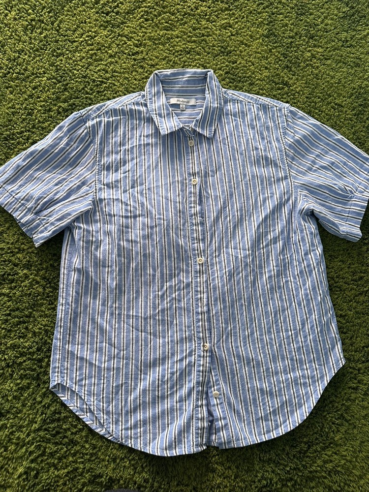 MADEWELL COTTON WOMENS BLUE STRIPED CUFFED SHORT SLEEVE BUTTON SHIRT S
