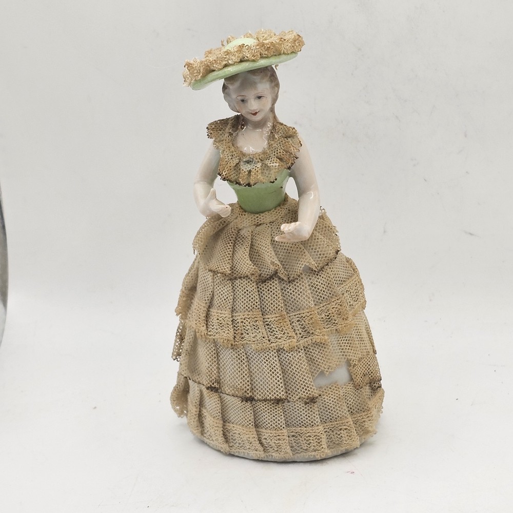 Porcelain Lady Figurine With Starched Lace Dress And Hat Vintage