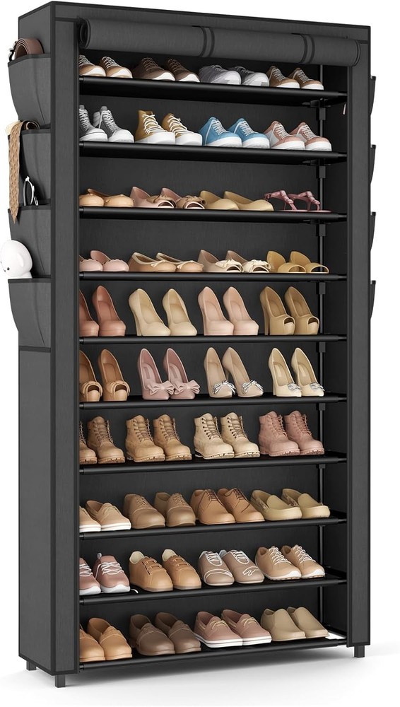 10-Tier Black Tall Shoe Rack with Cover – Space-Saving Organizer