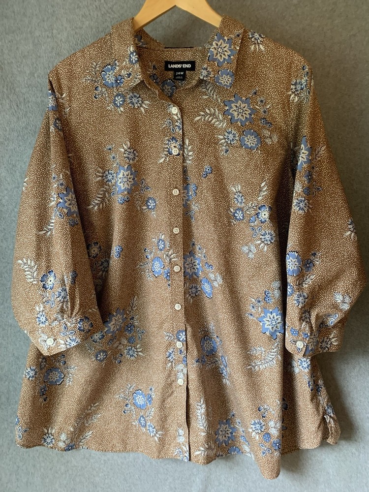 Lands End Womens No Iron Supima Button Front Shirt Sz 24W 3X Tan Blue Floral 3/4