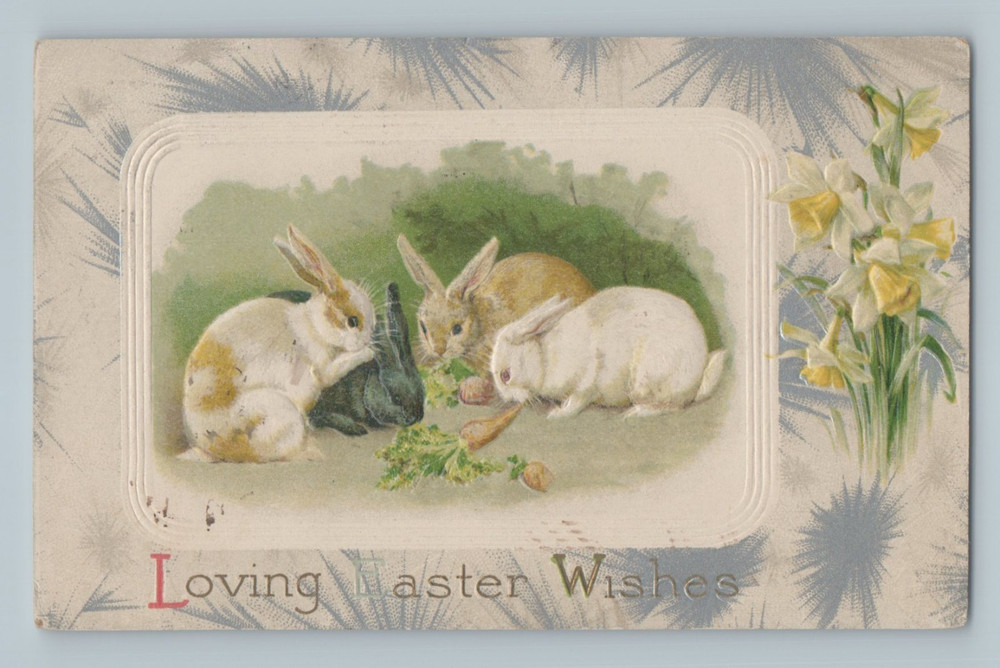 Loving EAster Wishes Bunnies eating Carrots Winsch Vintage Holiday Postcard G6