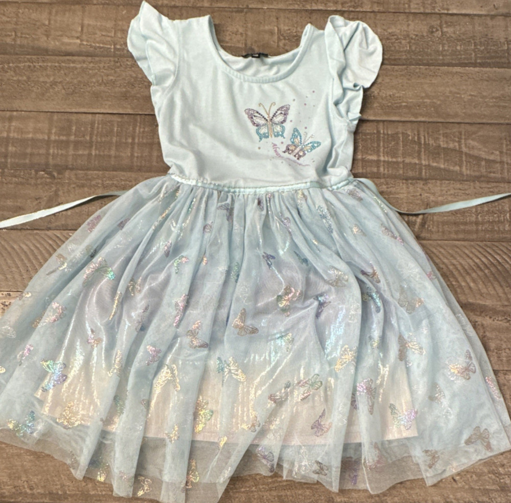 Zunie Girls 6X Blue Butterfly Tulle Fit & Flare Dress Flutter Sleeve Belted