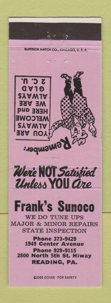 Matchbook Cover - Frank's Sunoco oil gas Reading PA