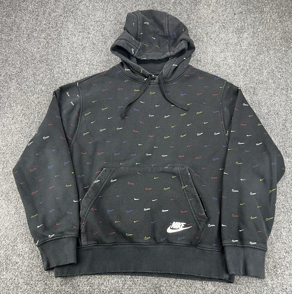 Nike Hoodie Mens Small Black Pullover Sweater Sportswear Fleece All over Swoosh