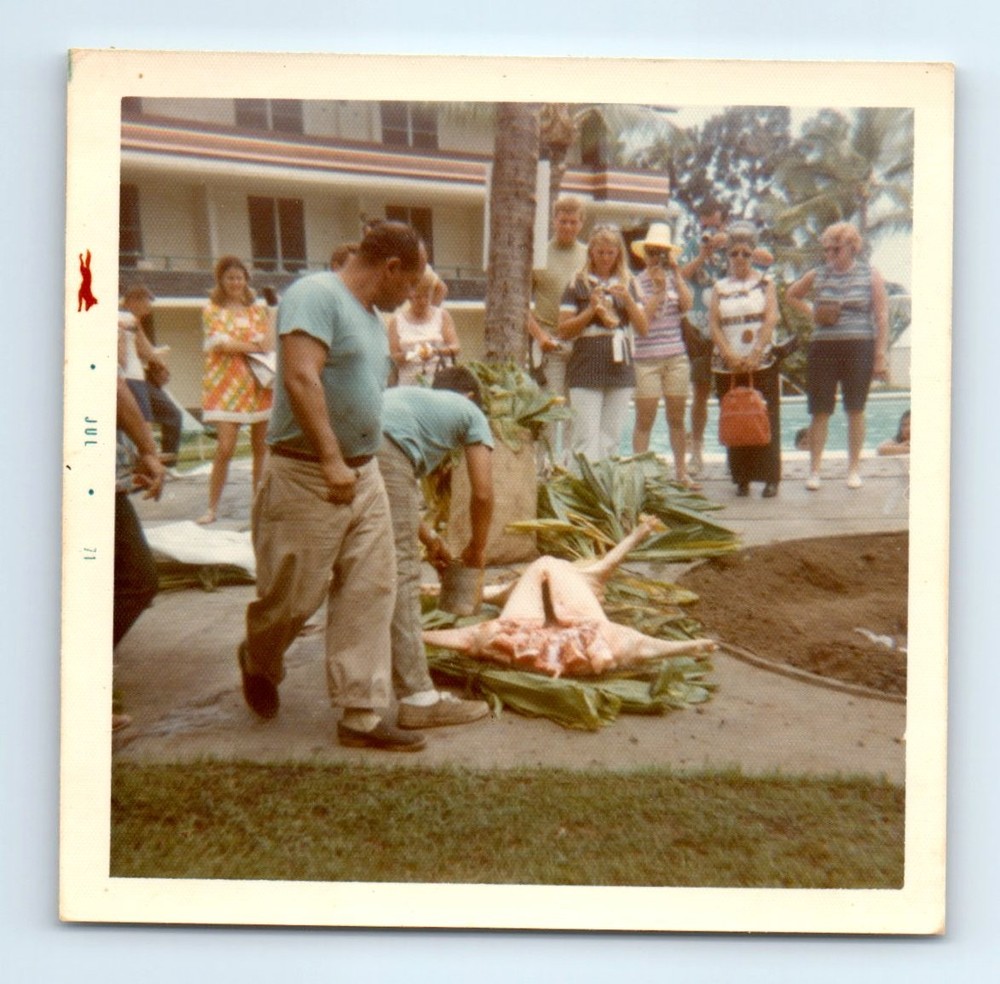 Old Vintage Square Color Photo MEN WOMEN BY LUAU PIG ROAST PREPARATION