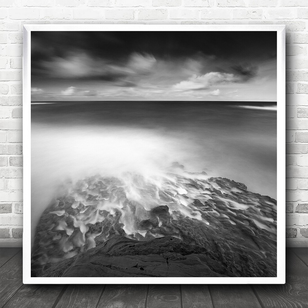 Ocean Rock Seascape Water Monochrome Clouds Square Wall Art Print