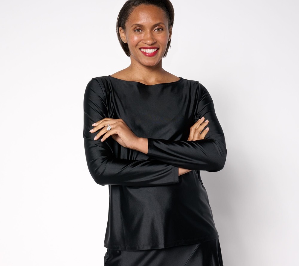 Women Control Women's Top Sz 2XS (XXS) Fluid Satin Boat Neck Black A667187