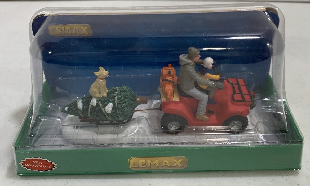 Lemax Christmas Table Accent Pulling Tree with Jeep Dog Dad Boy-image