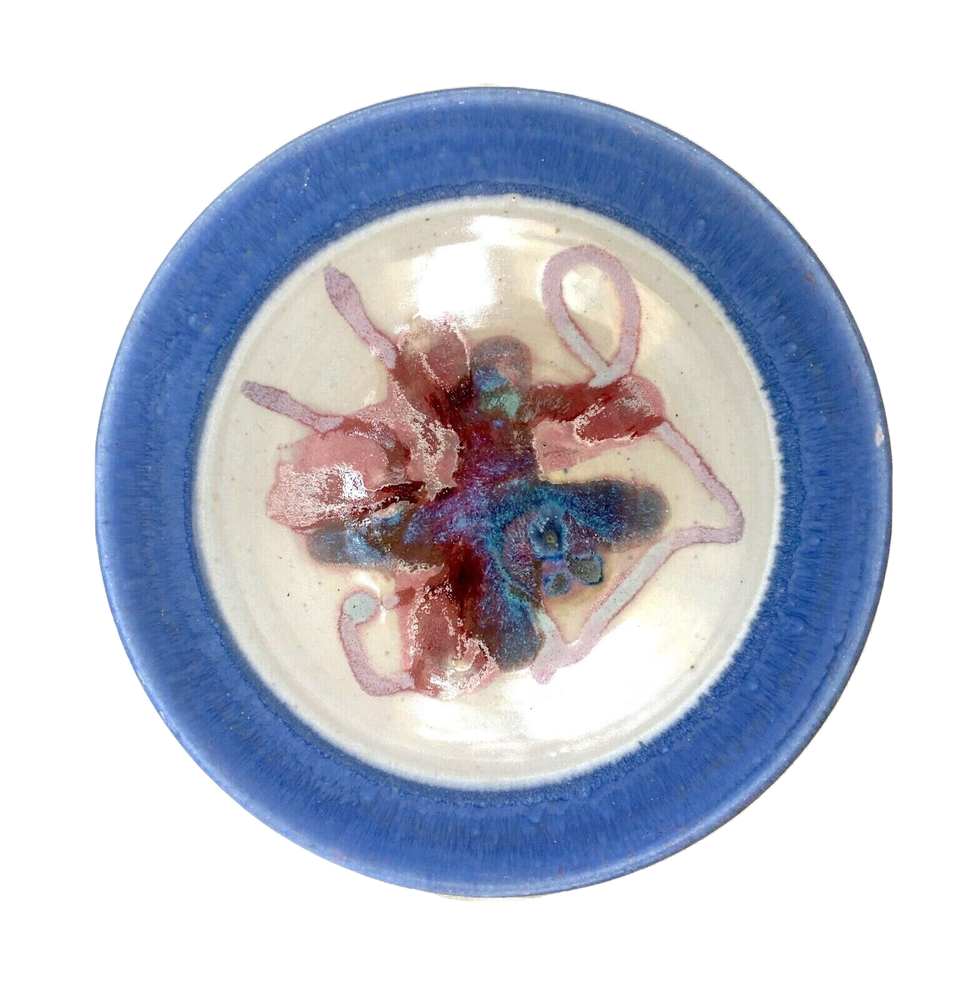 Handmade Blue Abstract Art Pottery Bowl 9+ Inches Studio Crafted-image