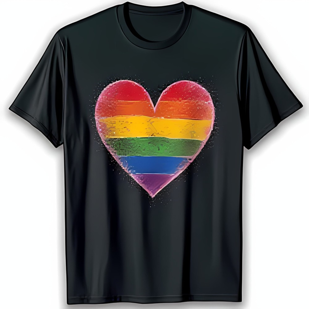 Glittery Rainbow Heart Graphic Black T-Shirt for Vibrant Style
