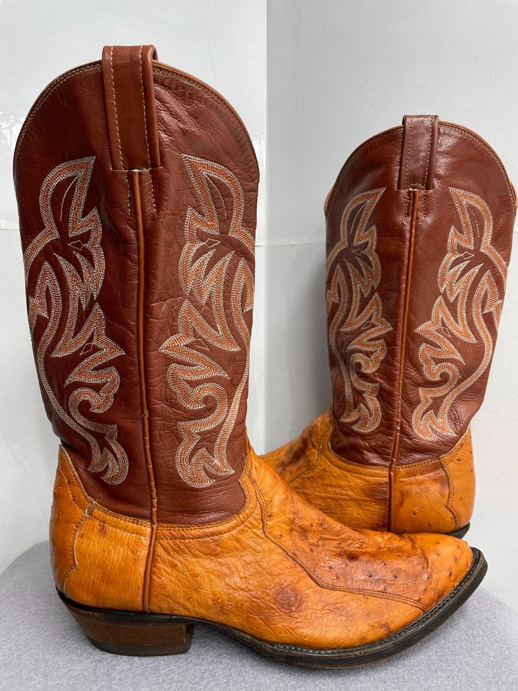 Texas Ostrich Leather Western Boots Cognac Brown Cowboy Embroidered Men's 10.5 D