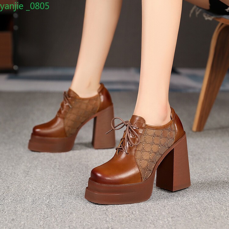 Lace Women's Leather Pumps Shoes Square Toe Chunky Heel Lace Up Platform Retro