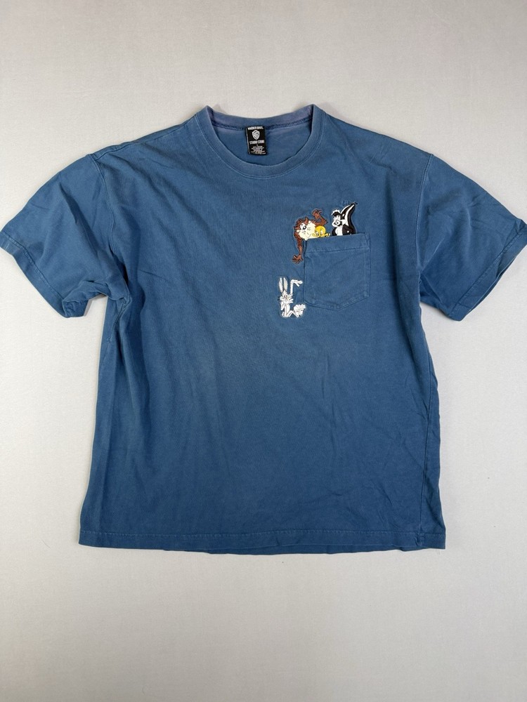 Warner Bros. Looney Tunes Men's Blue Embroidered Pocket Graphic Cotton T-Shirt L