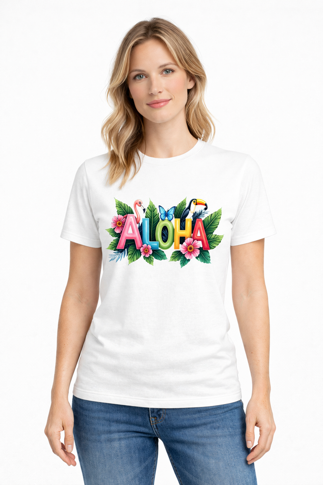 Women's Aloha Hawaiian T-Shirt Hibiscus Bird Tropical Beach Summer Graphic Tee