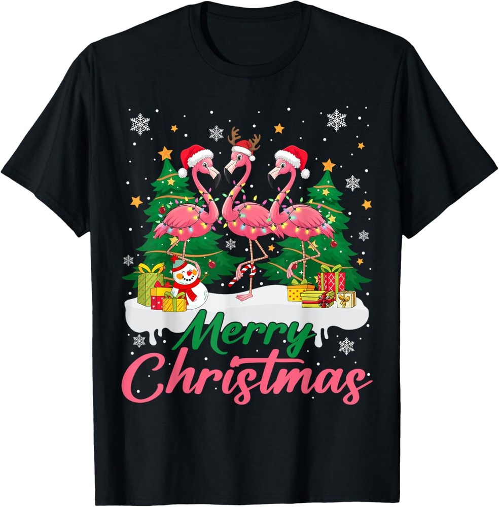 Flamingo Light Christmas Snow Merry Christmas Tree Santa T-Shirt