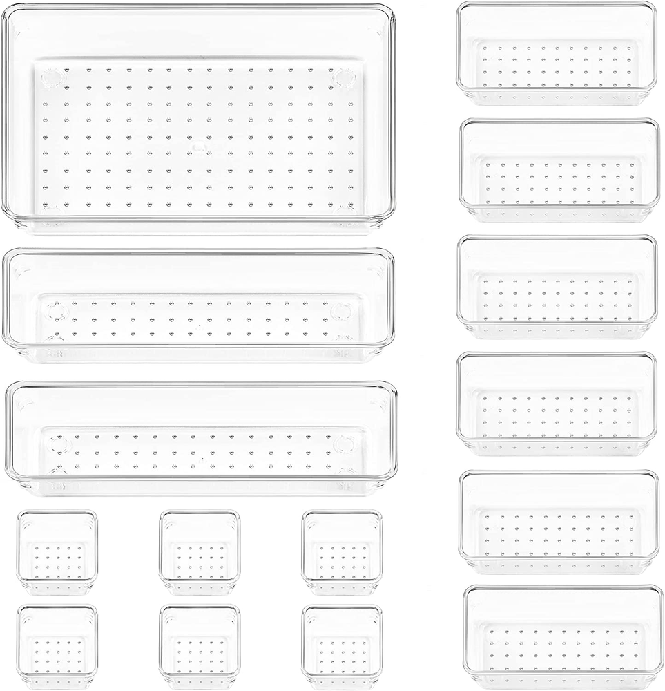 15 PCS Clear Plastic Drawer Organizers Set, 4-Size Versatile Bathroom and Vanity