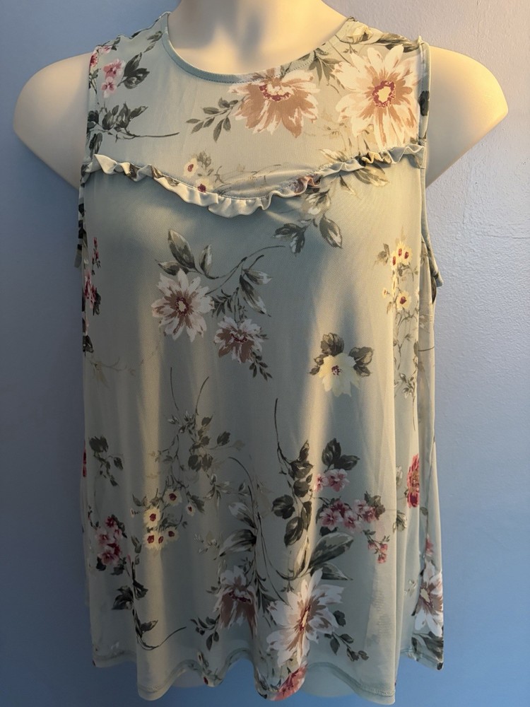 APT 9 Green & Pink Sz XL Floral Garden Ruffle Boho Cottagecore Sleeveless Top