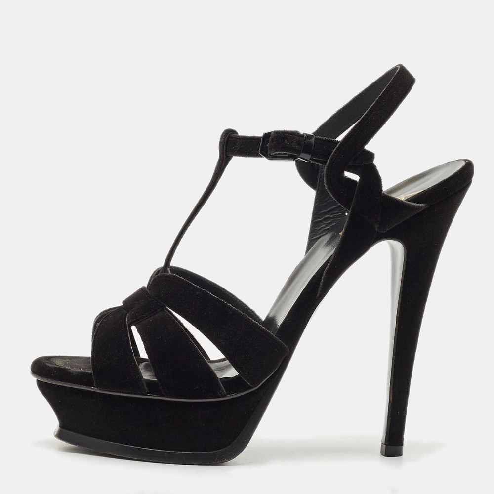 Saint Laurent Black Velvet Tribute Platform Sandals Size 40 EU