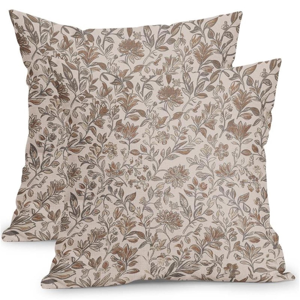 Vintage Floral Pillow Covers 18x18 Inch Set of 2 Antique Brown Gray Flower Ou...
