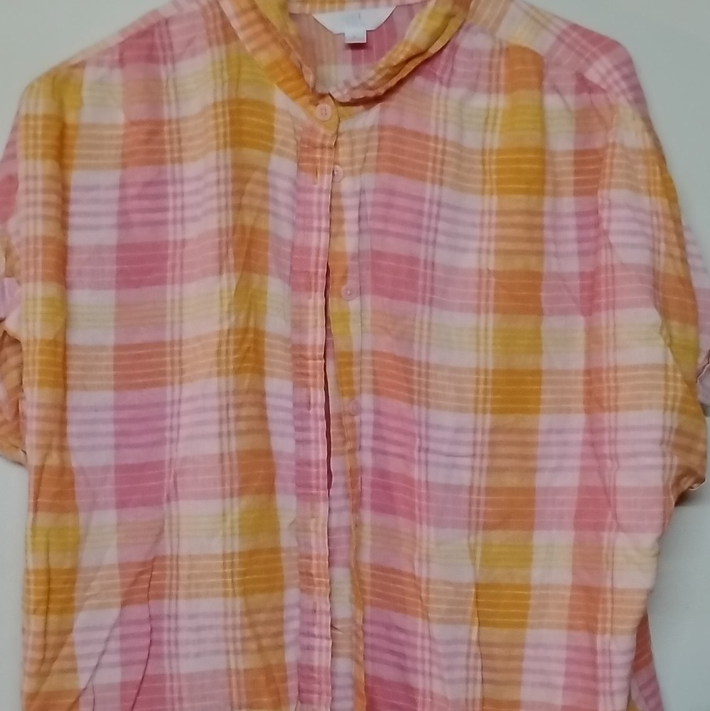 Time And Tru Women's Plaid Button-Up Short Sleeve Collared Cotton Top L Colorful