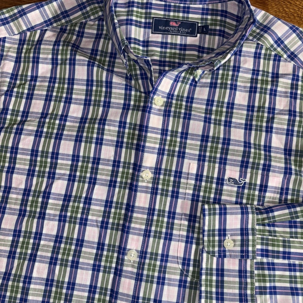 Vineyard Vines Tucker Shirt Men's Large Button Down LS Stretch Blue Pink Plaid