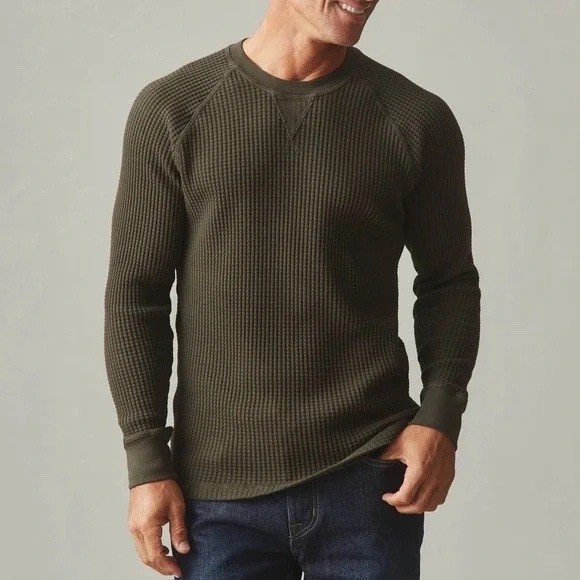 American Giant T-Shirt Mens M Olive Green Cotton Stretch Waffle Knit Long Sleeve