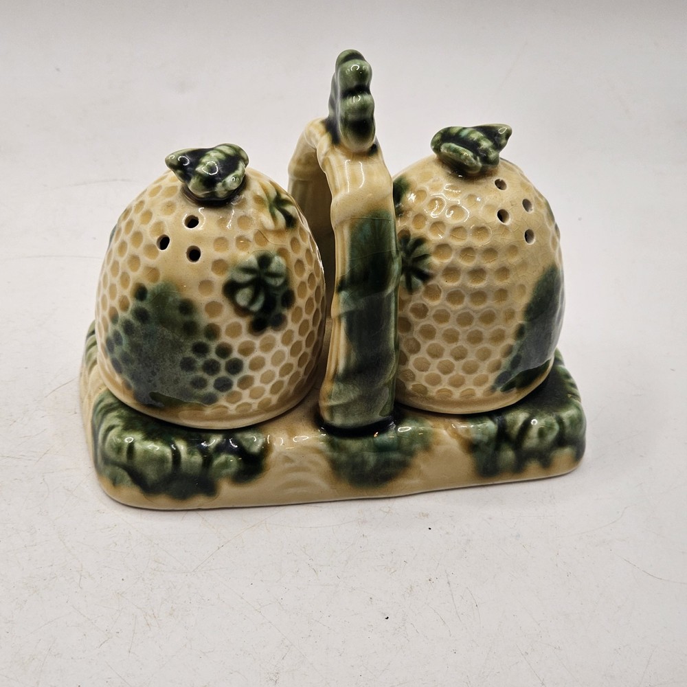 Bees and Beehive Salt & Pepper Shaker Set with Holder Vintage Japan
