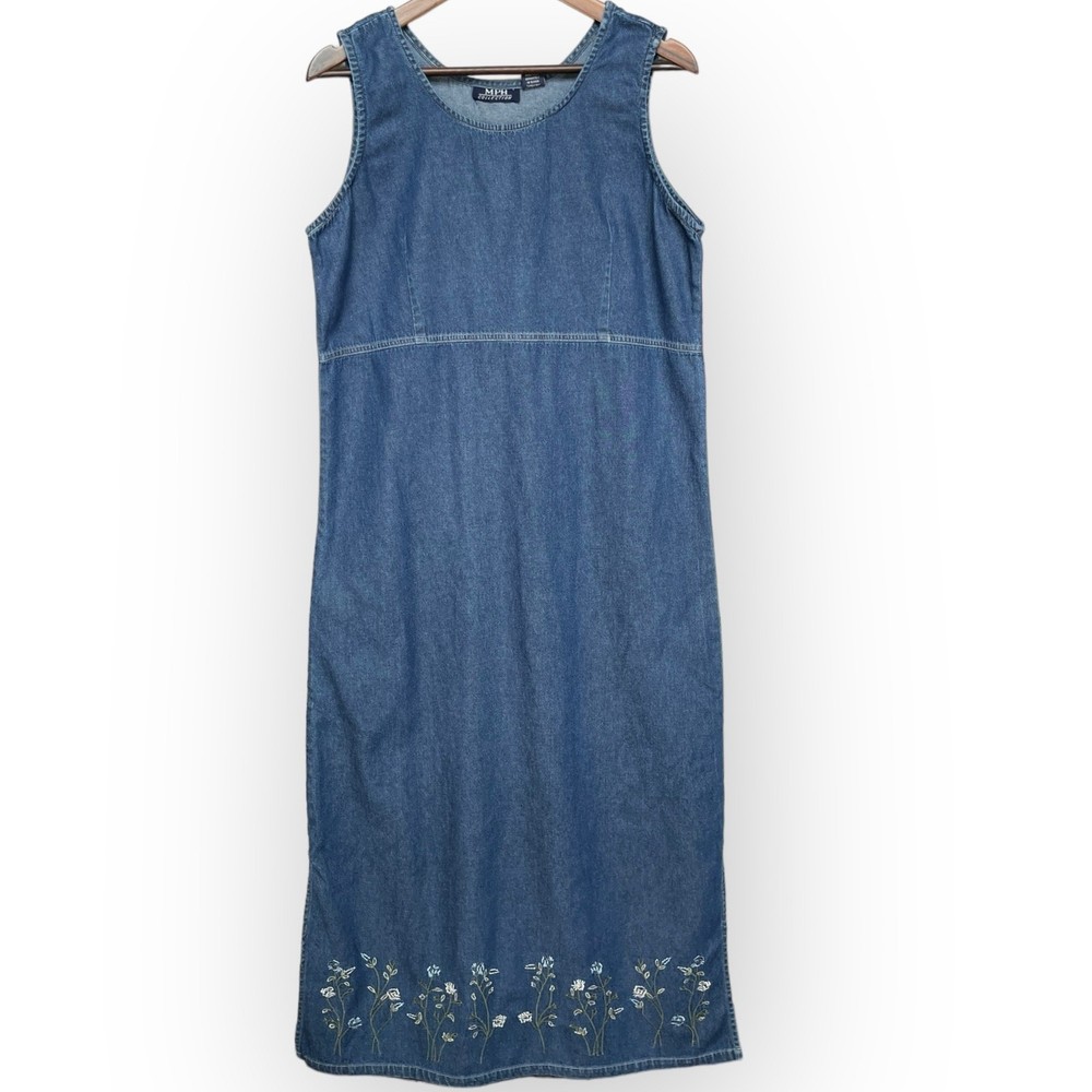 MPH Collection Denim Maxi Dress Sleeveless Embroidered Floral Women's