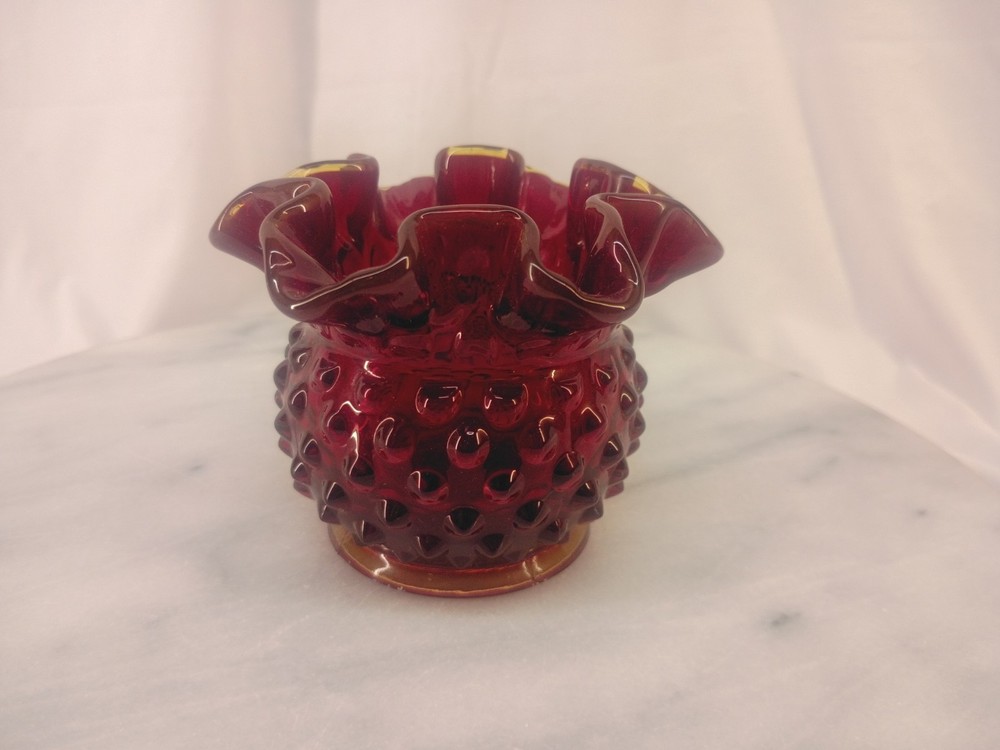Vintage Fenton Dark Ruby Red Hobnail Ruffled Vase 3 Inch tall
