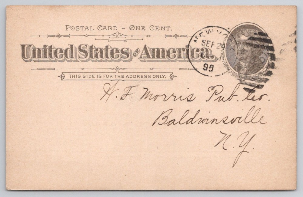 1895 Harper & Brothers Franklin Square NY Postal Card Baldwinsville NY