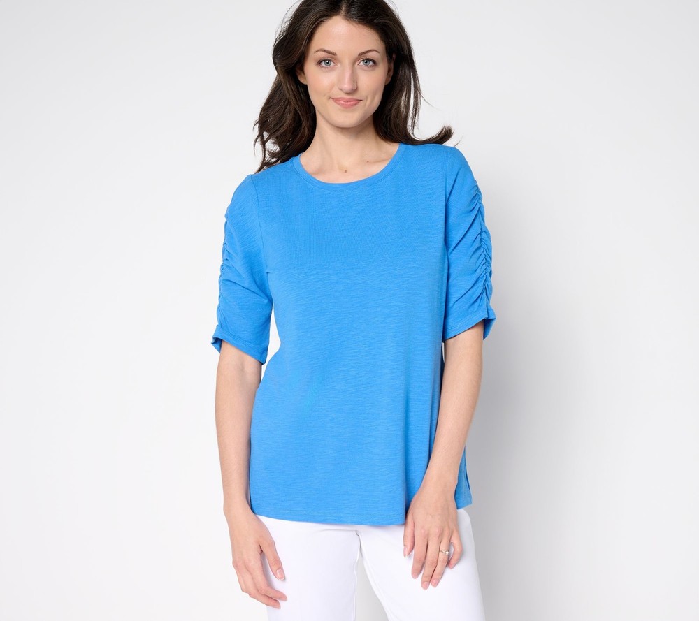 Belle by Kim Gravel Women's Top Sz L Slub Knit Santorini Ruched Slv Blue A691530
