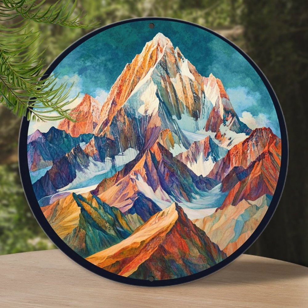 Vibrant SnowCapped Mountain Landscape Round Aluminum Wall Art