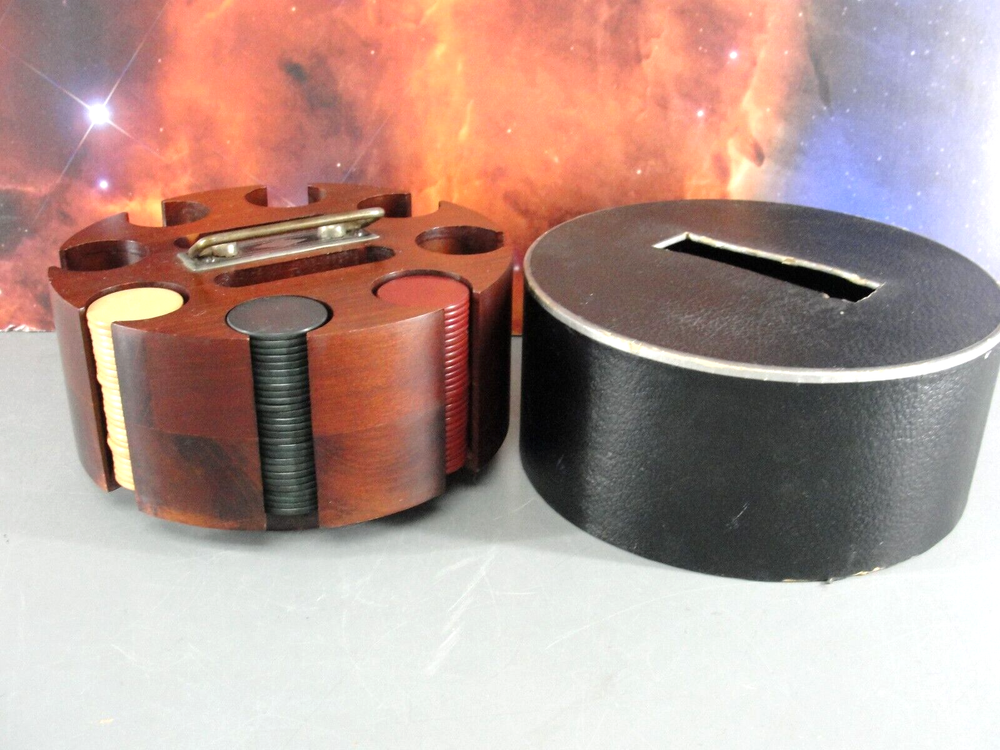 WOOD POKER CHIP CADDY CAROUSEL SET w/COVER + 139 CLAY PRESSED PAPER CHIPS ANTIQE