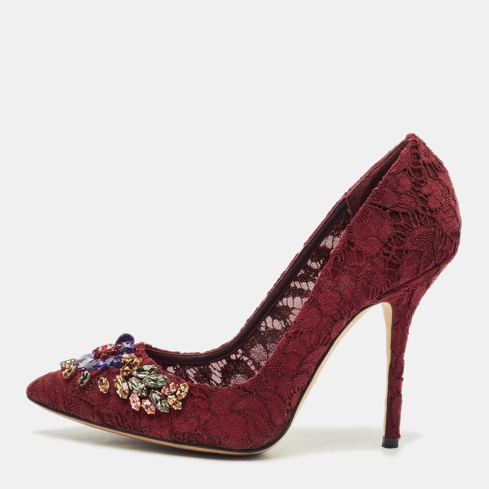 Dolce & Gabbana Burgundy Lace Embellished Heels Size 40 EU