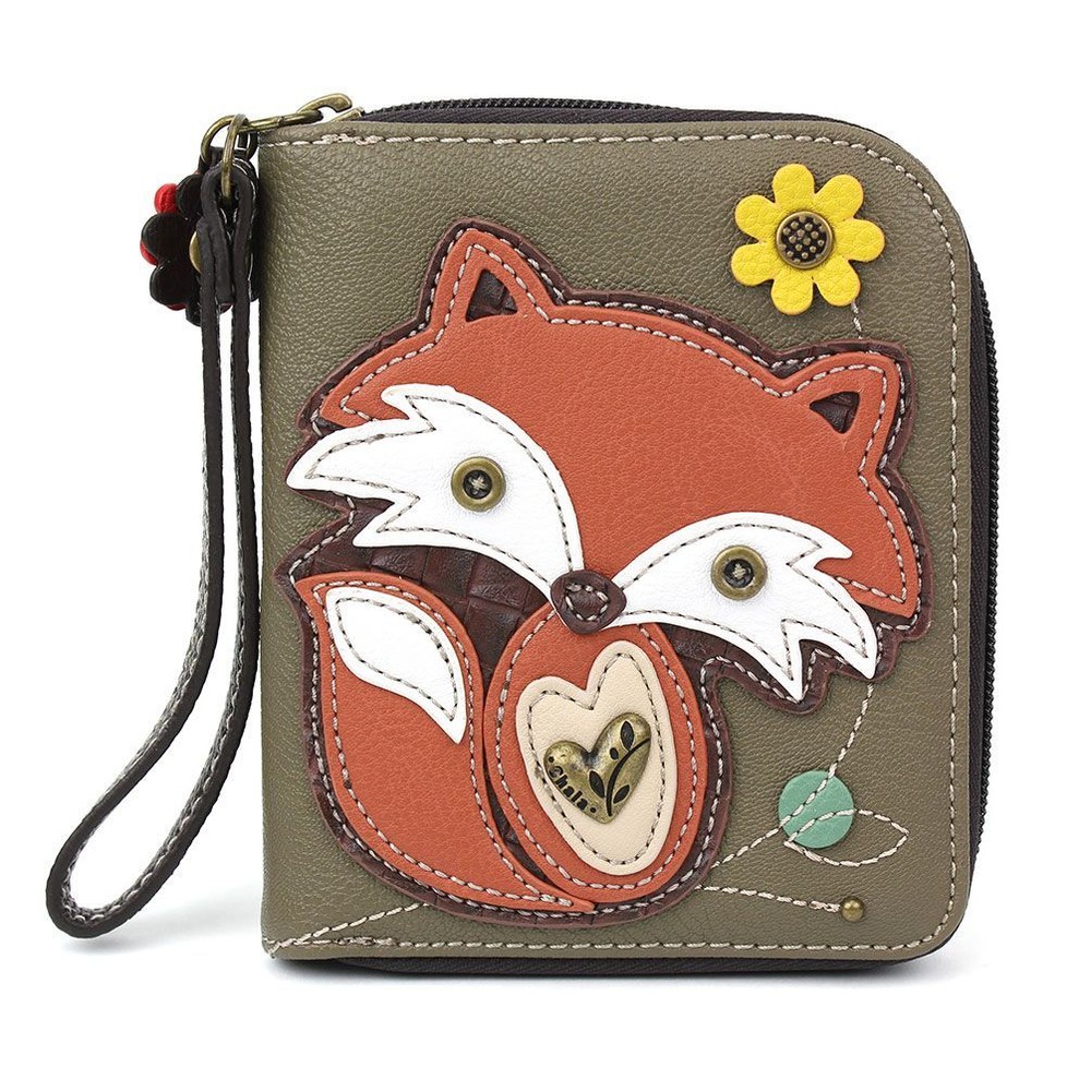NEW CHALA OLIVE GREEN BROWN FOX ZIPPERED WALLET FAUX LEATHER