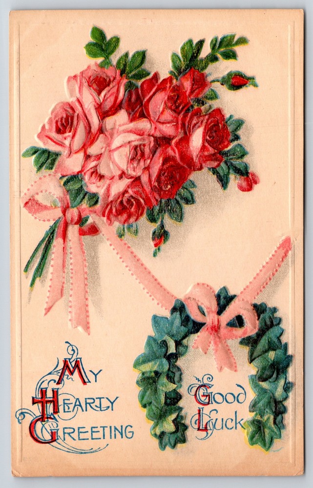 Greetings~Hearty Good Luck~Leaf Horseshoe~Pink & Red Flowers~Vintage Postcard