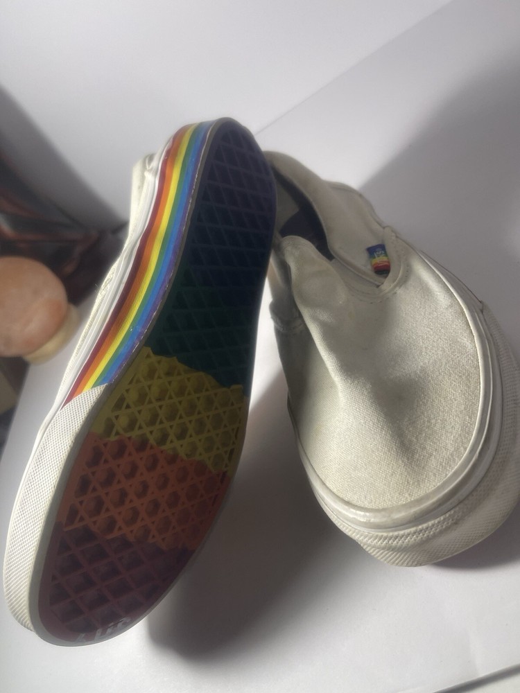 Vans Men’s Size 4 White Slip On Pride Shoes W/ Rainbow Soles