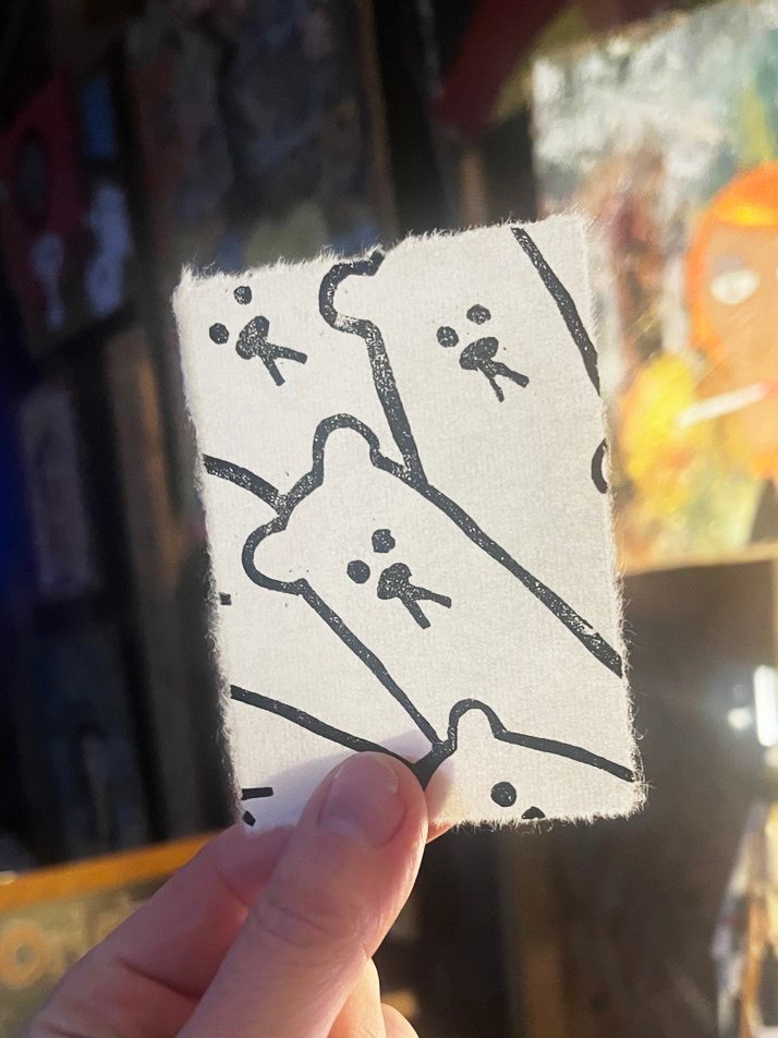 NEW Original Linocut ACEO Bear Petals #12 Hand-Pulled Printmaking Mini Art Card