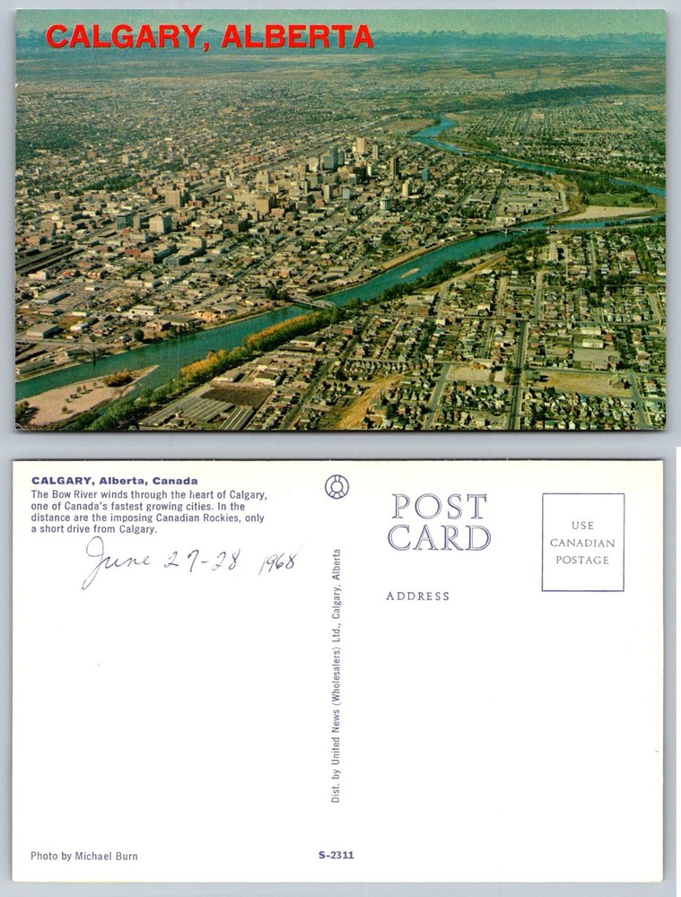 Calgary Alberta Canada Aerial View Bow River 1968 Vintage Postcard Michael Burn
