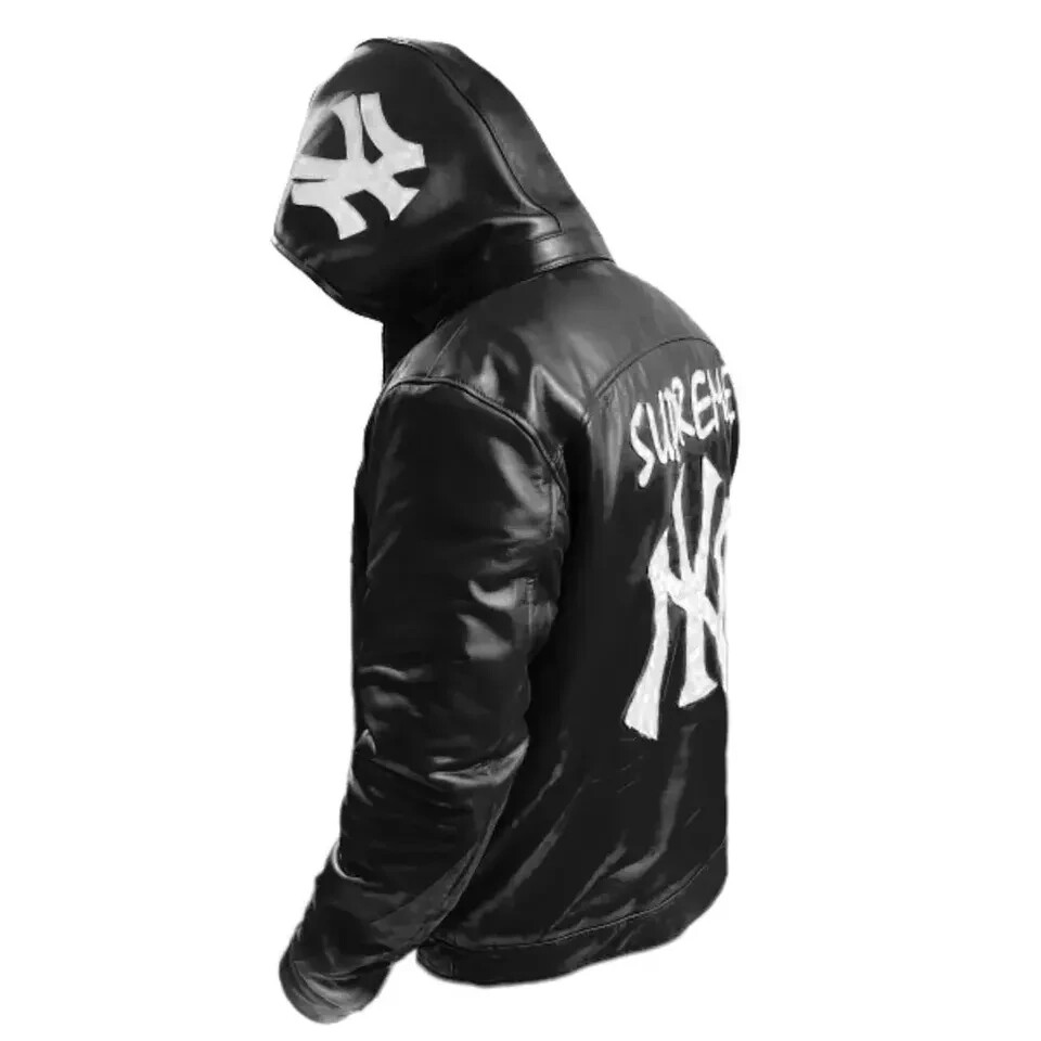 New NY Yankees Letterman Varsity Leather Jacket with Removeable Hood - Red And B