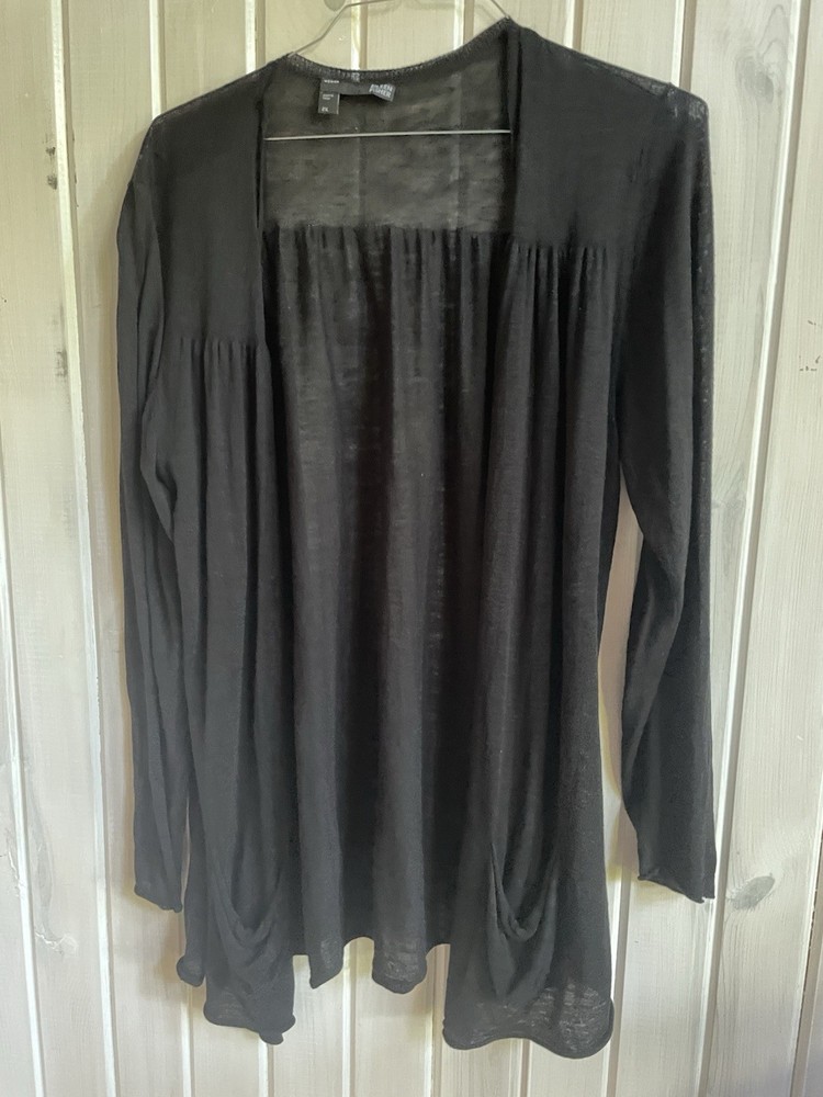Eileen Fisher Lightweight Cardigan 2X Black Silk Linen V Neck Slouchy Pockets