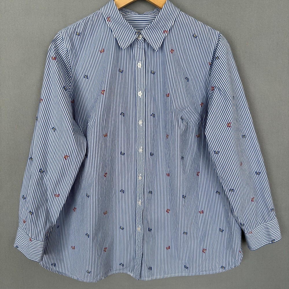 Talbots Women’s 1X Button Up Shirt Blue White Striped Butterfly Cotton Preppy