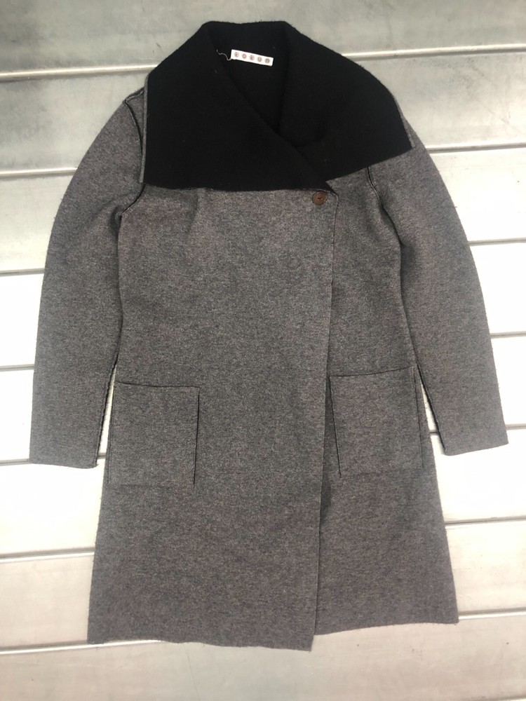 Kokun Jacket Womens Medium Gray Black Cashmere Wool Wide Collar Outerwear