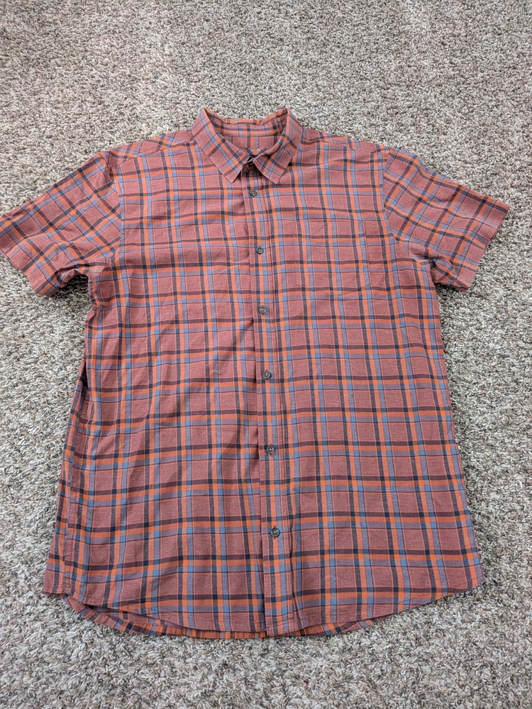 Prana Bryner Shirt Slim Fit Button Up Short Sleeve Plaid Red Orange Men's Large